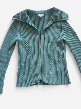 LOFT Teal Ribbed Zip-Up Sweater